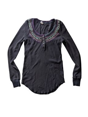 Free People Fair Isle Embroidered  Henley Cotton Boho Long Sleeve Top Thermal L